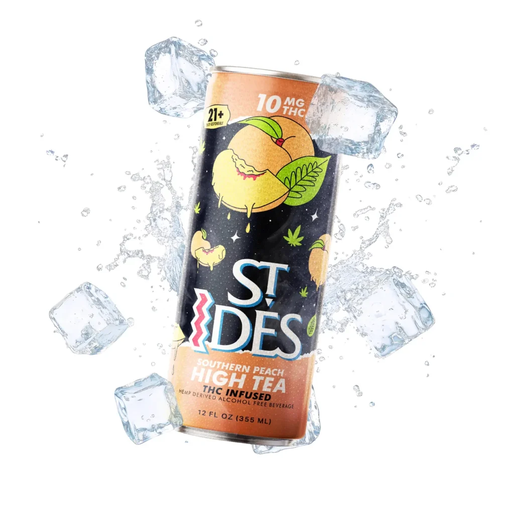 A cold bottle of St IDES High TEA Southern Peach 10Mg THC resting inside an ice bucket next to fresh sliced fruit