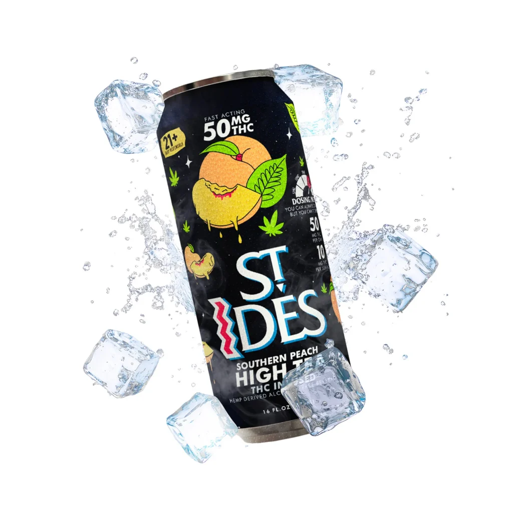 Premium St IDES High TEA Southern Peach 50Mg THC bottle standing upright next to sliced fresh peaches on ice