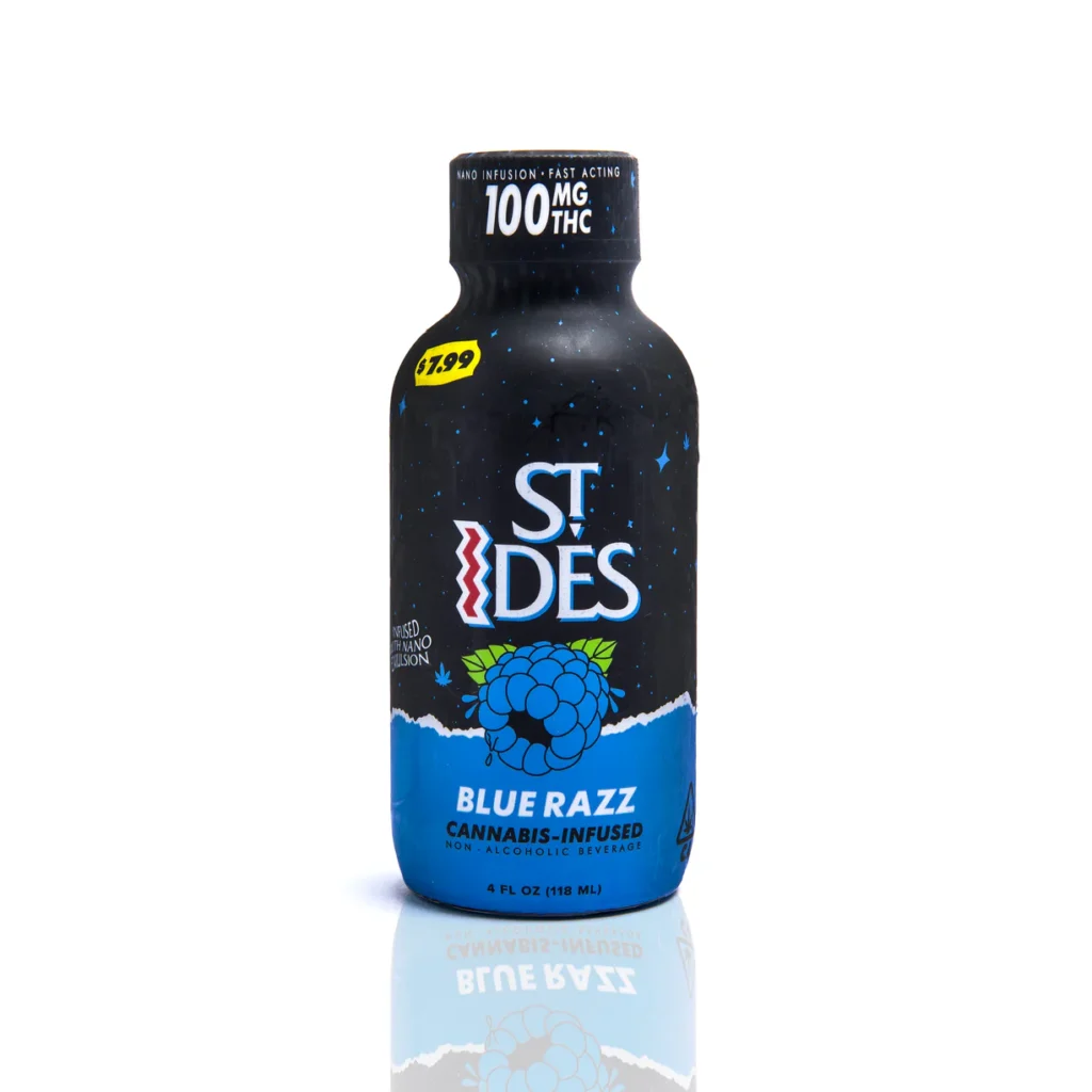 Premium St Ides Shots Blue Razz ready to drink cocktail pouch resting on ice