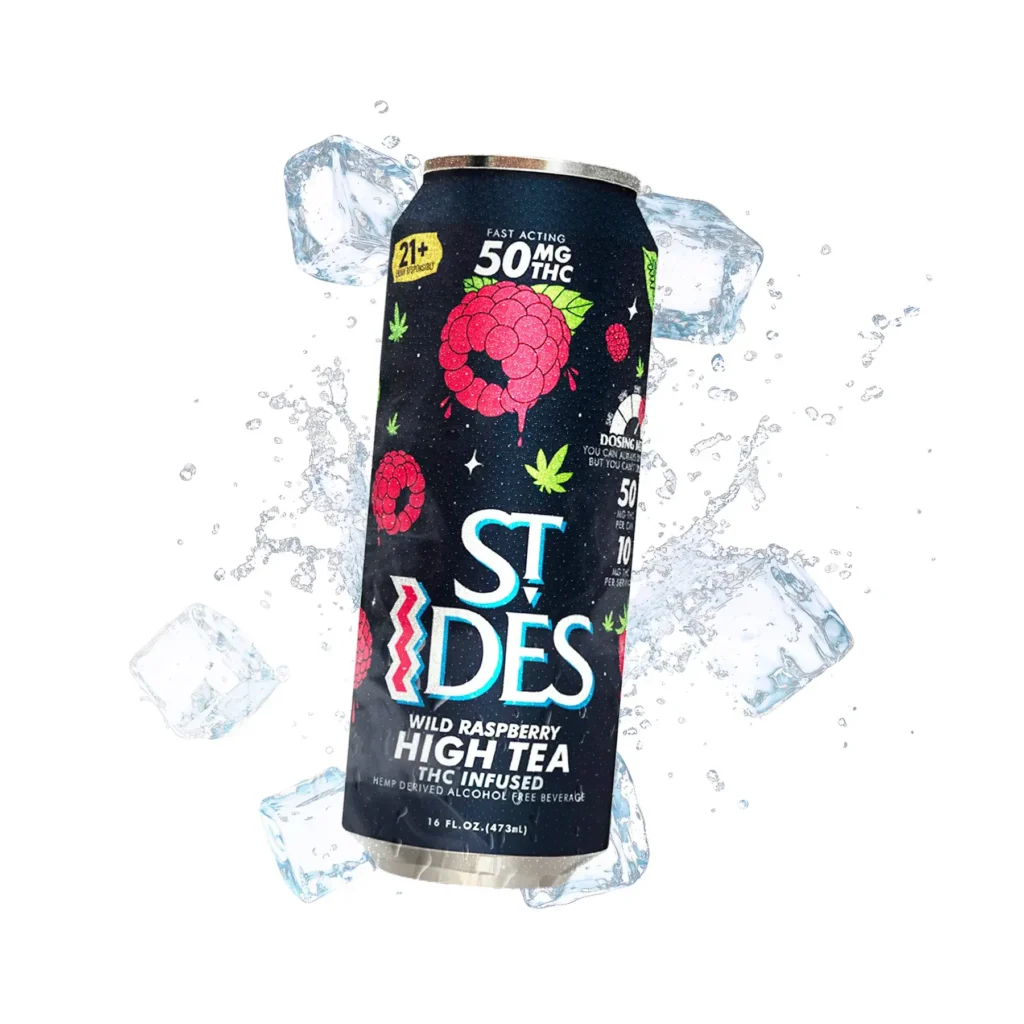 Premium St IDES High TEA Wild Raspberry 50Mg THC bottle resting on a bar top next to fresh raspberries