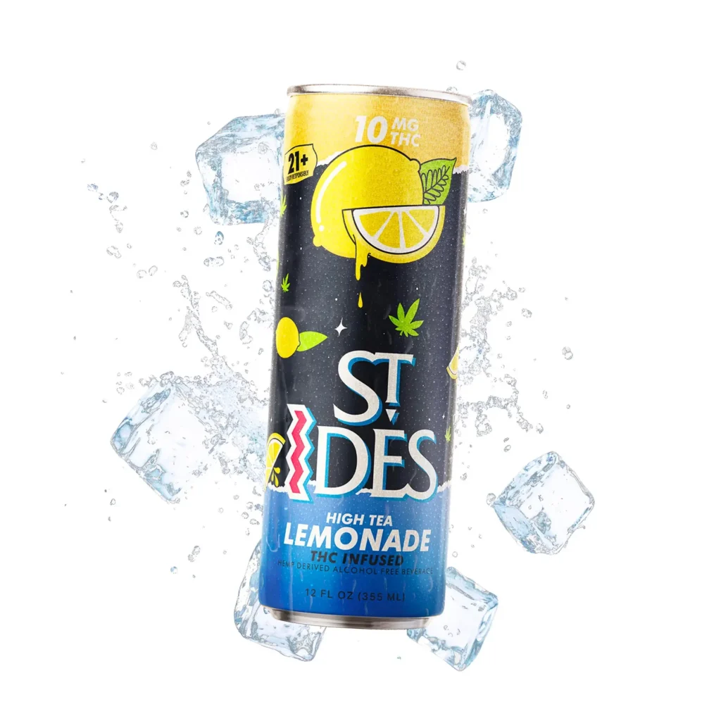 A cold bottle of St IDES High TEA Lemonade 10Mg THC resting inside an ice bucket next to fresh sliced yellow lemons